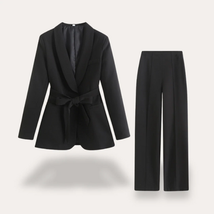 Women’s Blazer and Pants Set – Tailored Fit – Shawl Lapel – Belted Waist – Wide Leg