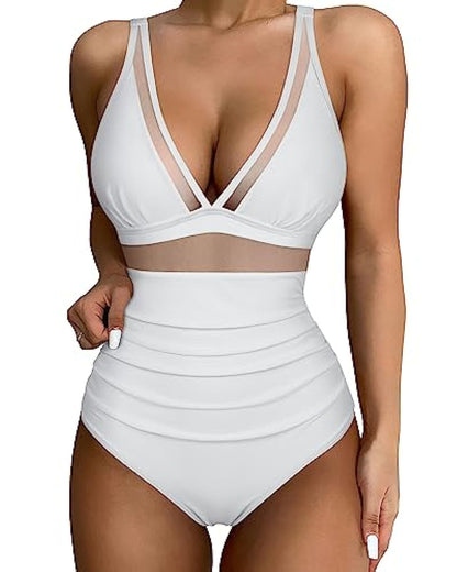 Women’s Swimsuit – Plunging Neckline – Mesh Panels – High-Cut Leg – Breathable Blend