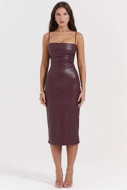 Women’s Leather Dress – Slim Fit – Strapless with Spaghetti Straps – Midi Length