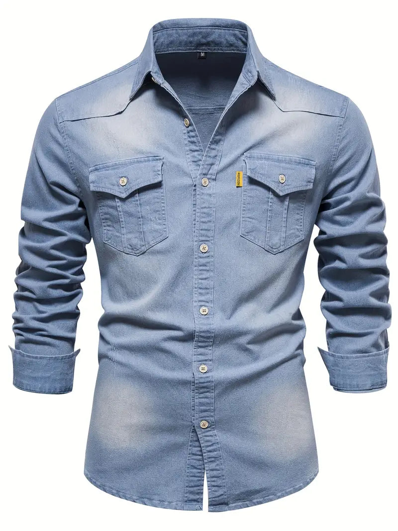 Men’s Denim Shirt – Slim Fit – Button-Down – Chest Pockets – Breathable Cotton