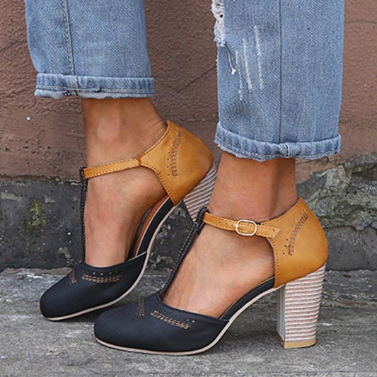 Women’s High Heel Shoes – Closed Toe – Block Heel – Ankle Strap – Perforated Design