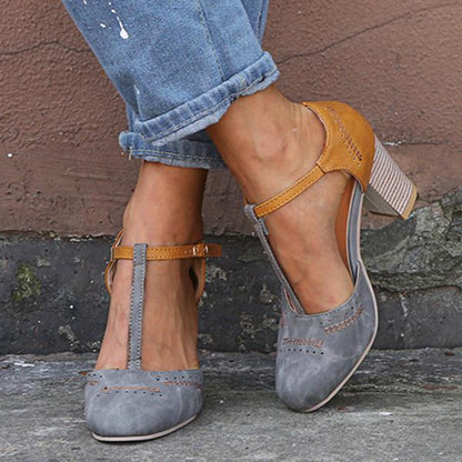 Women’s High Heel Shoes – Closed Toe – Block Heel – Ankle Strap – Perforated Design