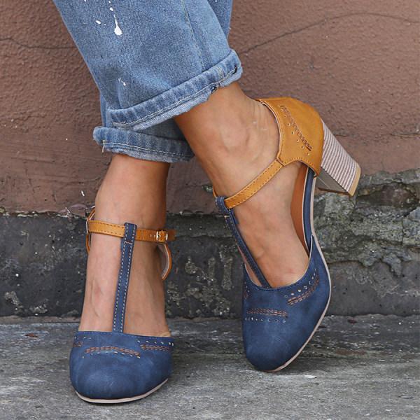 Women’s High Heel Shoes – Closed Toe – Block Heel – Ankle Strap – Perforated Design