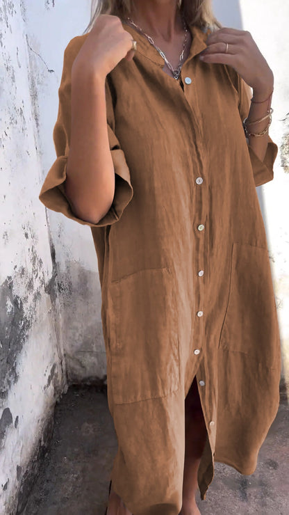 Women’s Shirt Dress – Relaxed Fit – Linen Blend – Button Front – Midi Length – Short Sleeve