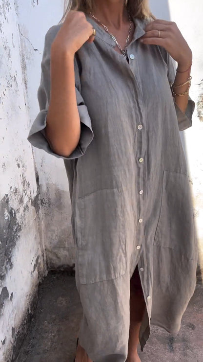 Women’s Shirt Dress – Relaxed Fit – Linen Blend – Button Front – Midi Length – Short Sleeve