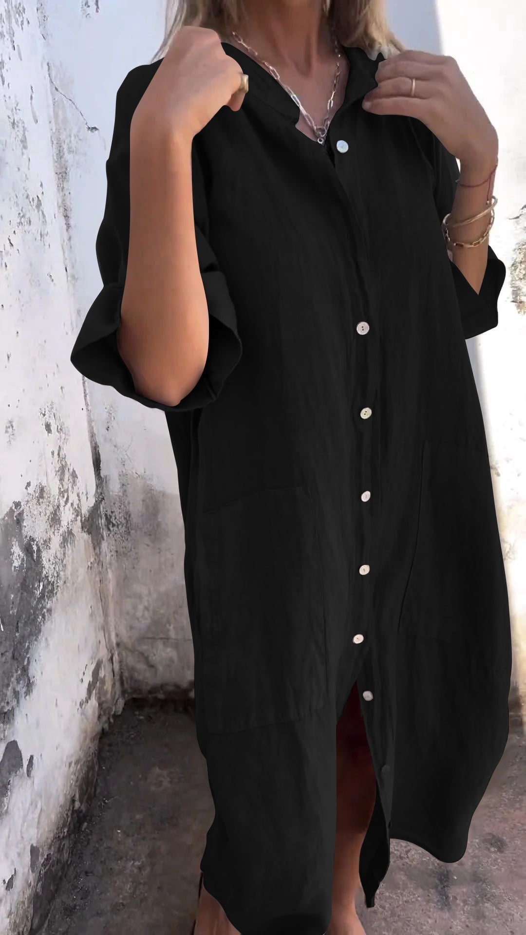 Women’s Shirt Dress – Relaxed Fit – Linen Blend – Button Front – Midi Length – Short Sleeve
