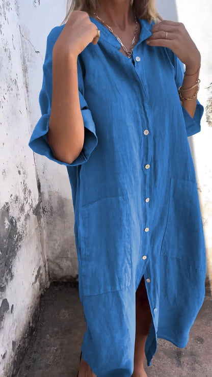 Women’s Shirt Dress – Relaxed Fit – Linen Blend – Button Front – Midi Length – Short Sleeve