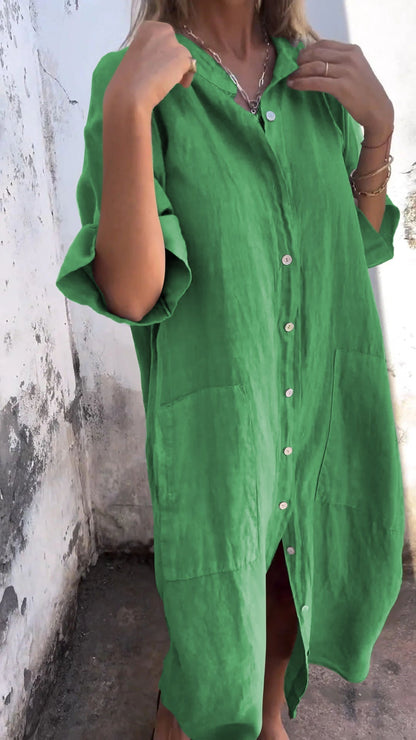 Women’s Shirt Dress – Relaxed Fit – Linen Blend – Button Front – Midi Length – Short Sleeve