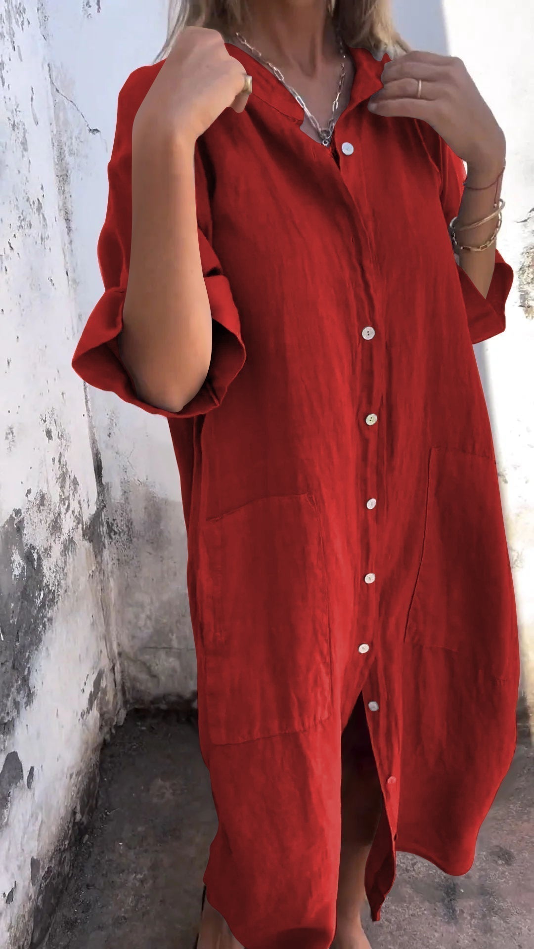 Women’s Shirt Dress – Relaxed Fit – Linen Blend – Button Front – Midi Length – Short Sleeve
