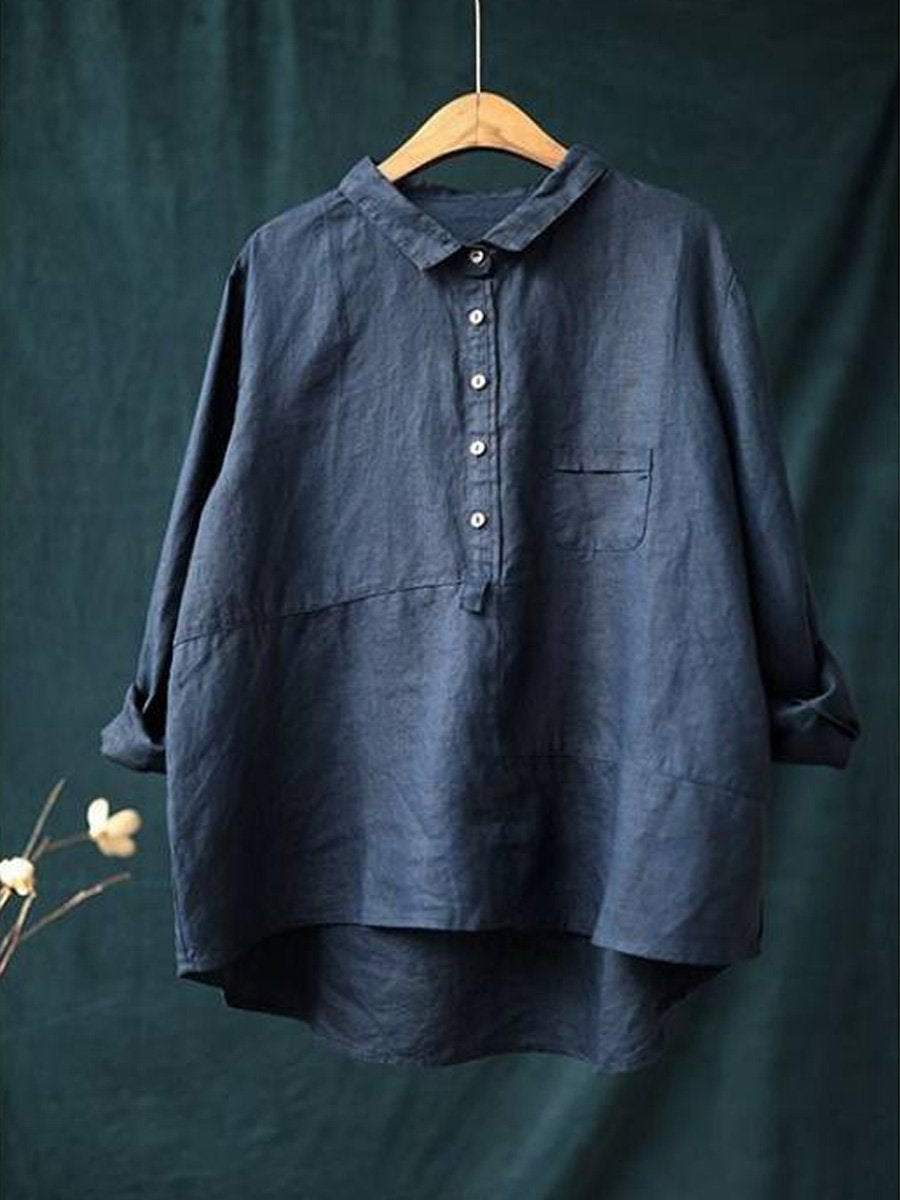 Women’s Long Sleeve Shirt – Cotton Linen Blend – Relaxed Fit – Lapel Collar