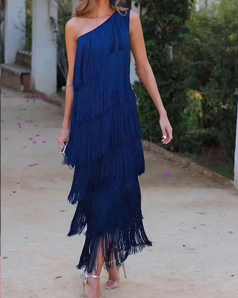 Women's One-Shoulder Fringe Dress - Asymmetric Layered Formal Wear