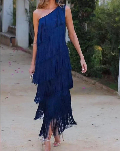 Women's One-Shoulder Fringe Dress - Asymmetric Layered Formal Wear