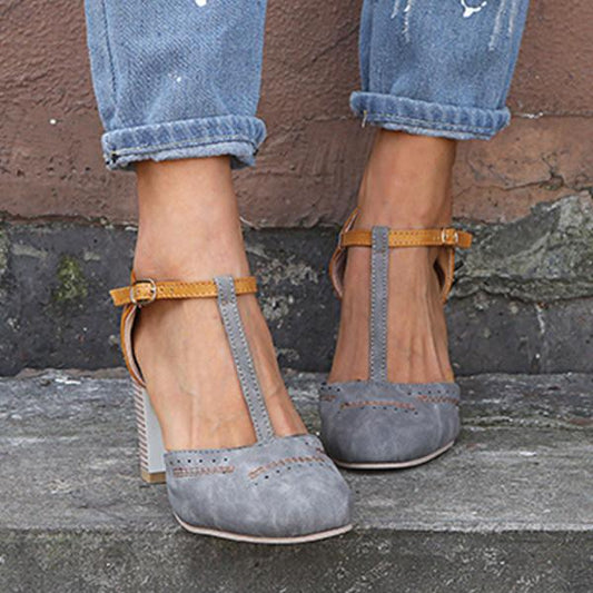 Women’s T-strap High Heels – Suede Finish – Block Heel – Perforated Toe – Buckle Closure