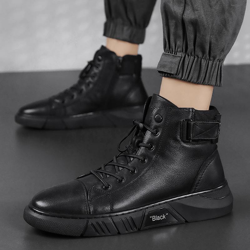 Men’s Leather Boots – Ankle Length – Lace-Up with Buckle Strap – Durable Sole