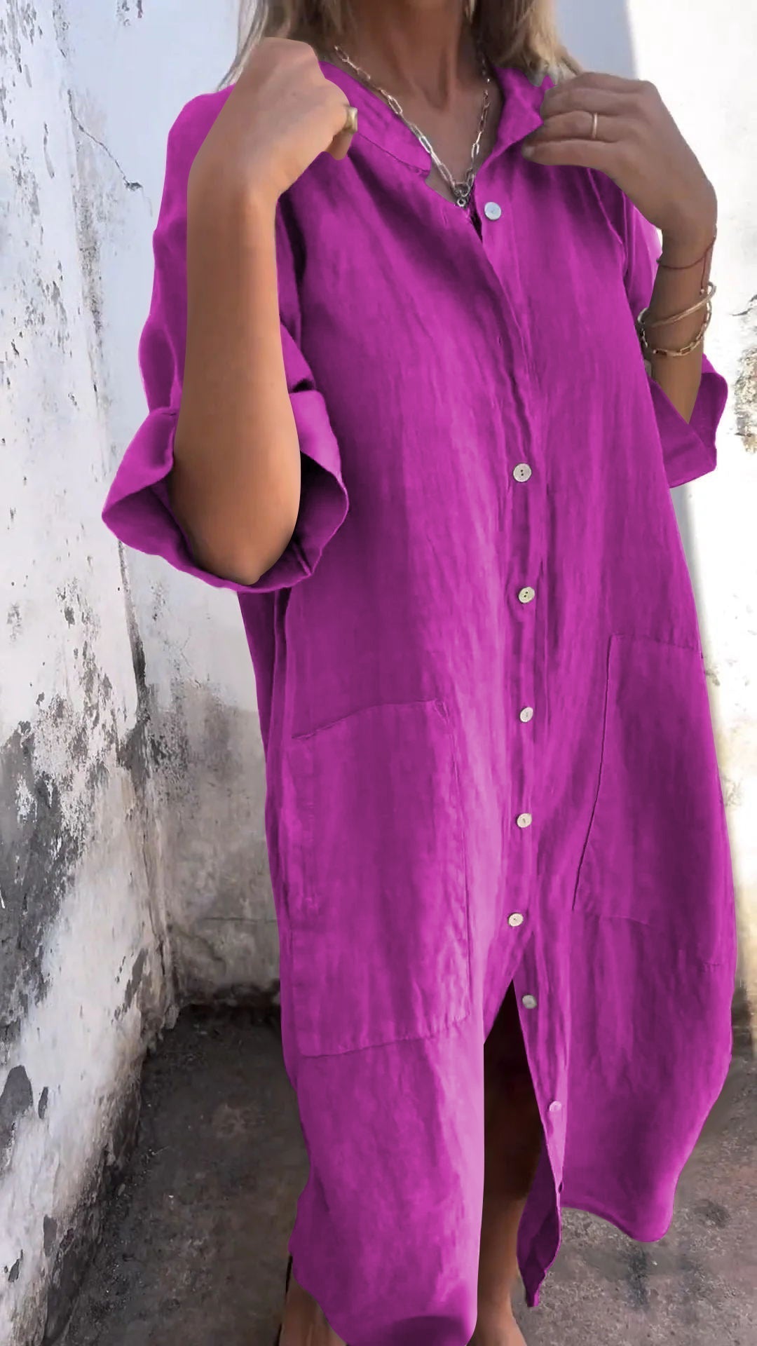 Women’s Shirt Dress – Relaxed Fit – Linen Blend – Button Front – Midi Length – Short Sleeve