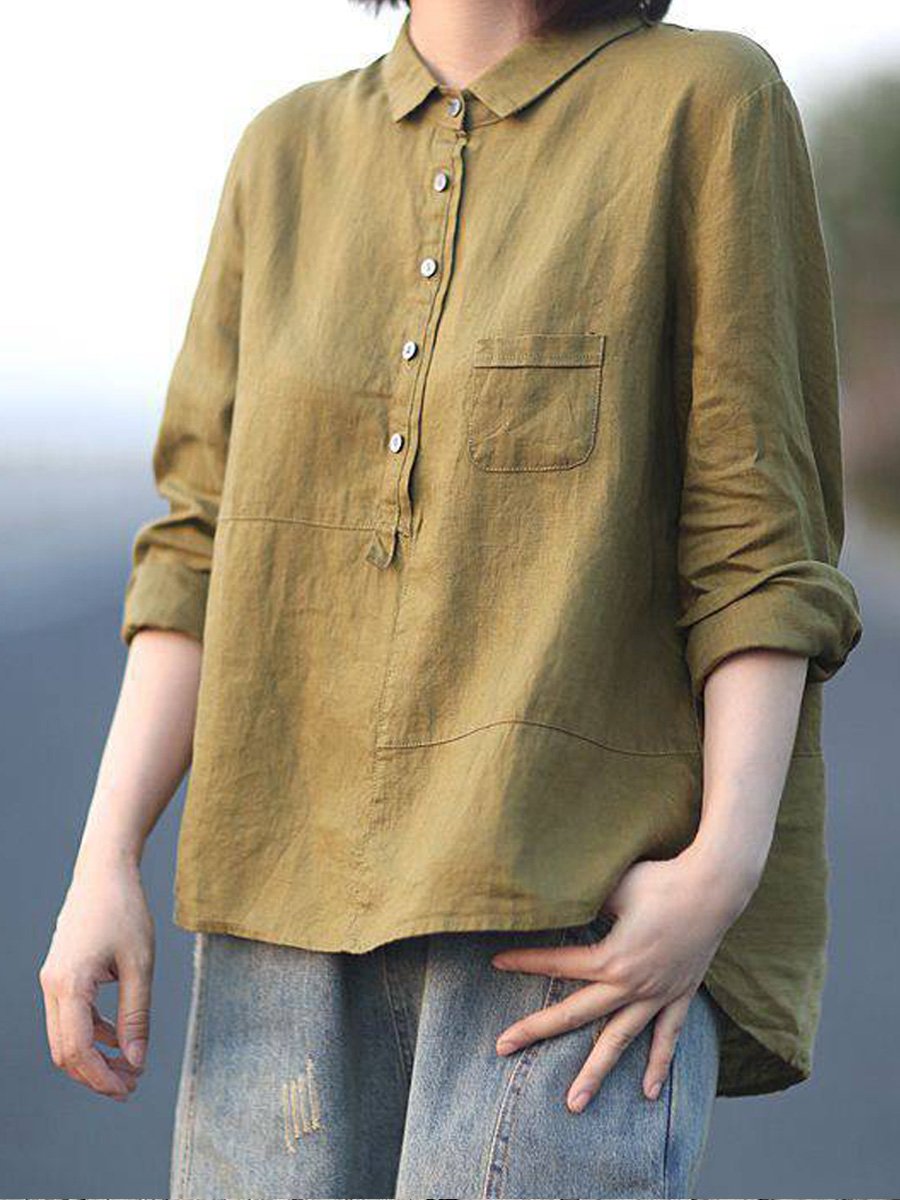 Women’s Long Sleeve Shirt – Cotton Linen Blend – Relaxed Fit – Lapel Collar
