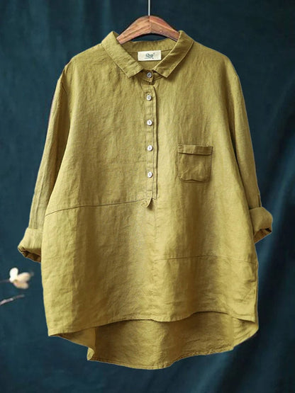 Women’s Long Sleeve Shirt – Cotton Linen Blend – Relaxed Fit – Lapel Collar