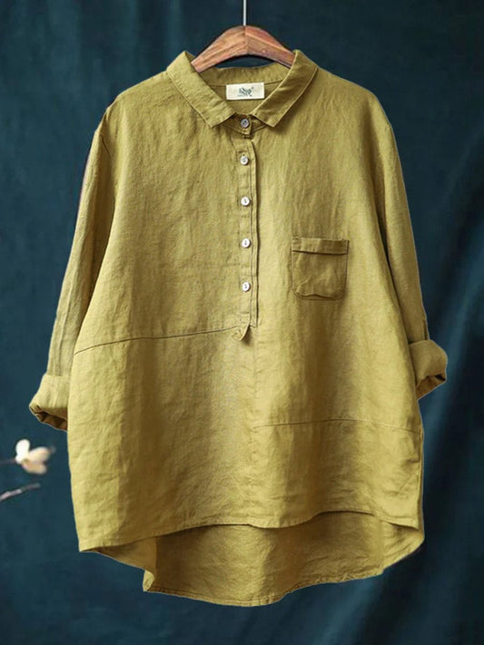 Women’s Long Sleeve Shirt – Cotton Linen Blend – Relaxed Fit – Lapel Collar