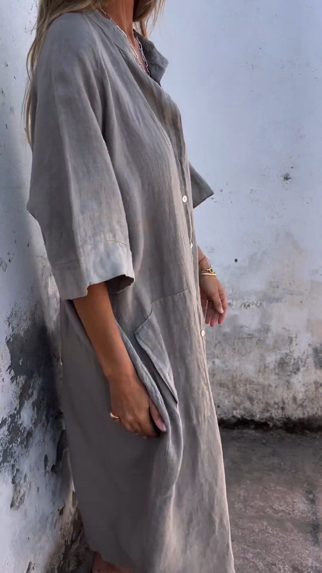 Women’s Shirt Dress – Relaxed Fit – Linen Blend – Button Front – Midi Length – Short Sleeve