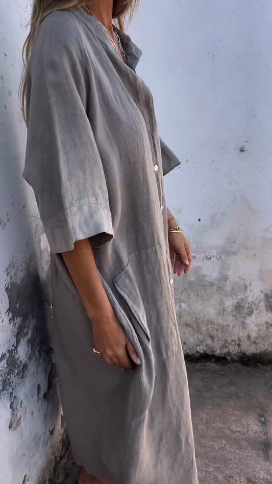 Women’s Shirt Dress – Relaxed Fit – Linen Blend – Button Front – Midi Length – Short Sleeve