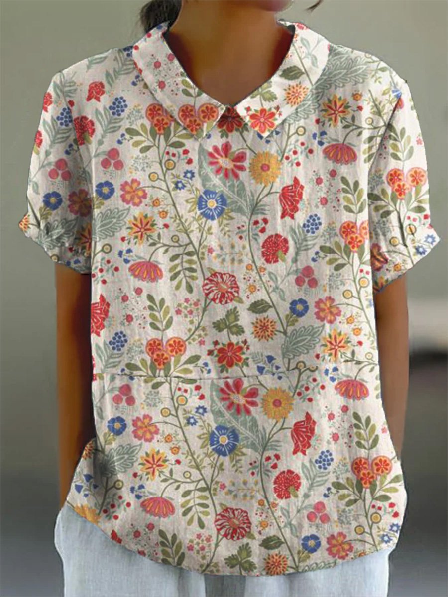 Women’s Casual Shirt – Relaxed Fit – Cotton Blend – Floral Print – Short Sleeve