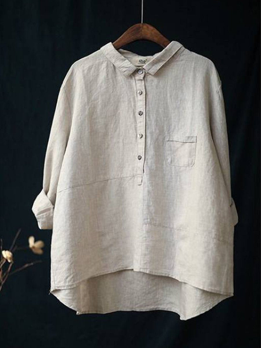 Women’s Long Sleeve Shirt – Cotton Linen Blend – Relaxed Fit – Lapel Collar