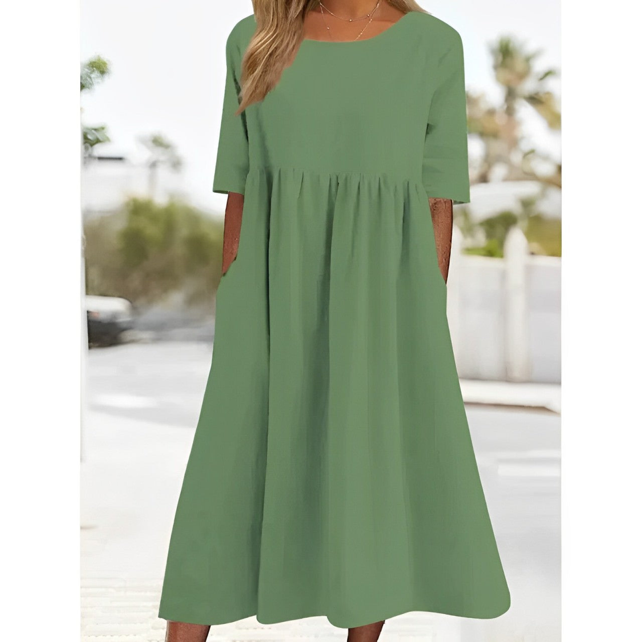 Women's Midi Dress - Cotton Linen Blend - A-Line Relaxed Fit - Short Sleeve with Pockets