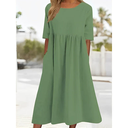 Women's Midi Dress - Cotton Linen Blend - A-Line Relaxed Fit - Short Sleeve with Pockets