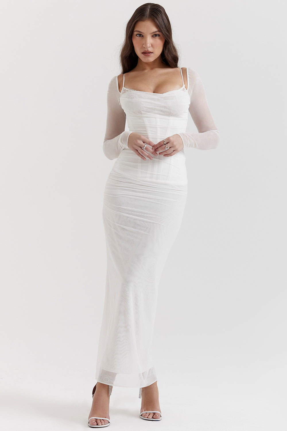 Women’s Maxi Dress – Form-Fitting – Stretch Fabric – Lace Neckline – Ruched Bodice