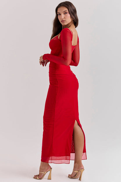 Women’s Maxi Dress – Form-Fitting – Stretch Fabric – Lace Neckline – Ruched Bodice