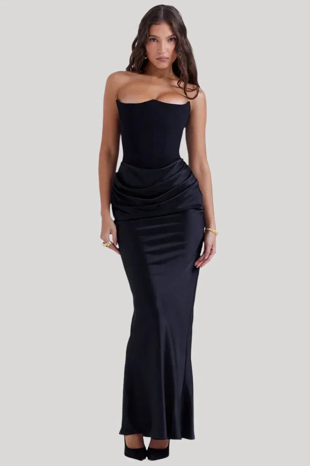 Women’s Maxi Dress – Strapless Satin Look – Form-Fitting Silhouette – Draped Waist