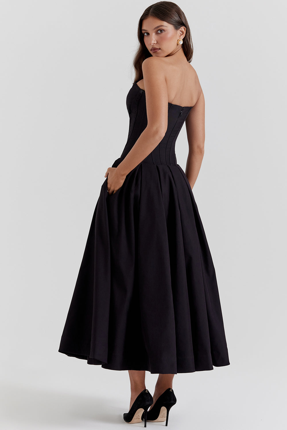 Women’s Strapless Midi Dress – Structured Corset Bodice – A-Line Silhouette – Formal Fit