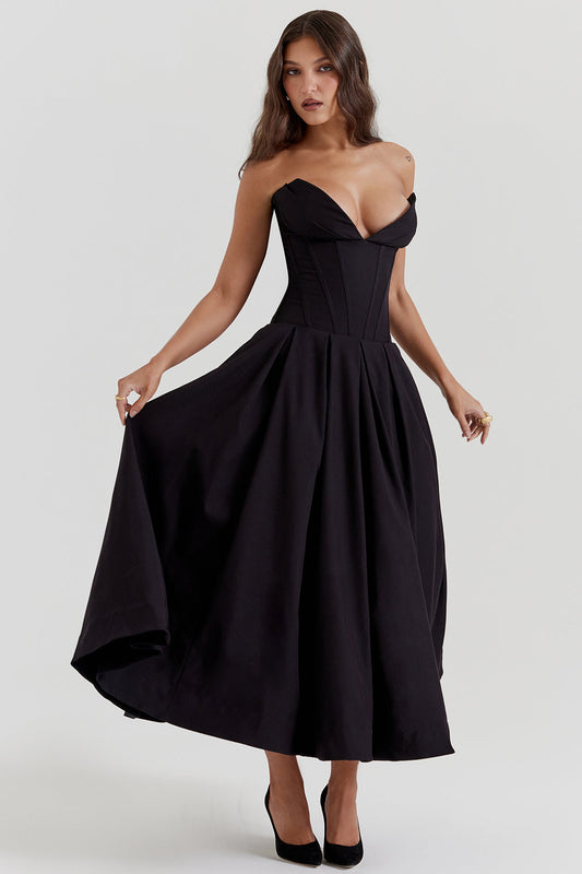 Women’s Strapless Midi Dress – Structured Corset Bodice – A-Line Silhouette – Formal Fit