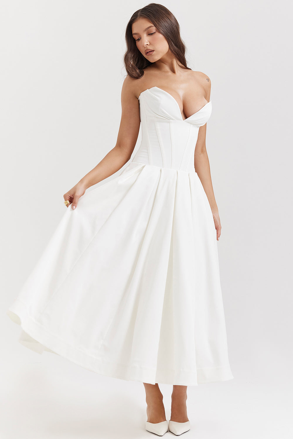 Women’s Strapless Midi Dress – Structured Corset Bodice – A-Line Silhouette – Formal Fit