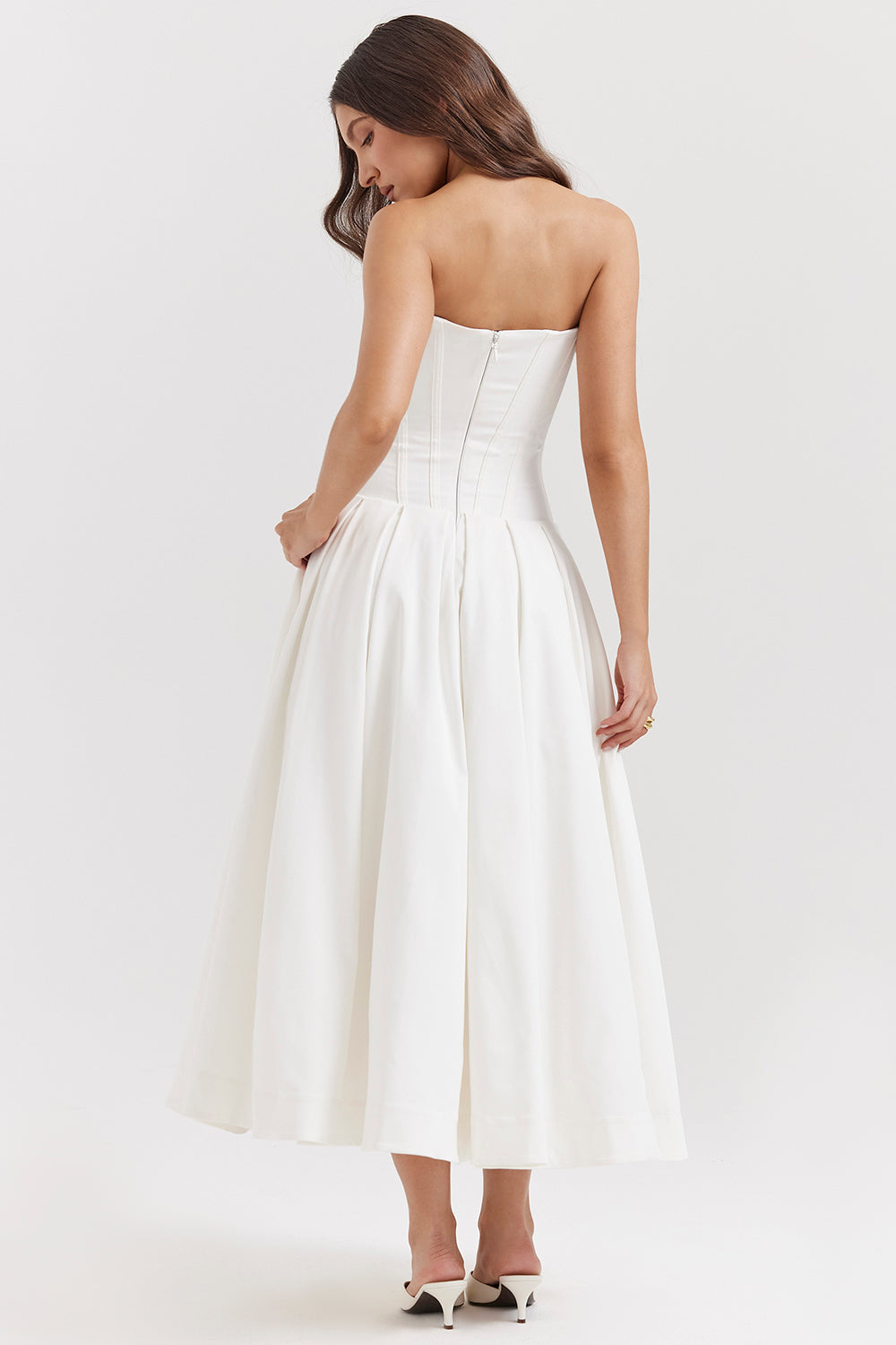 Women’s Strapless Midi Dress – Structured Corset Bodice – A-Line Silhouette – Formal Fit