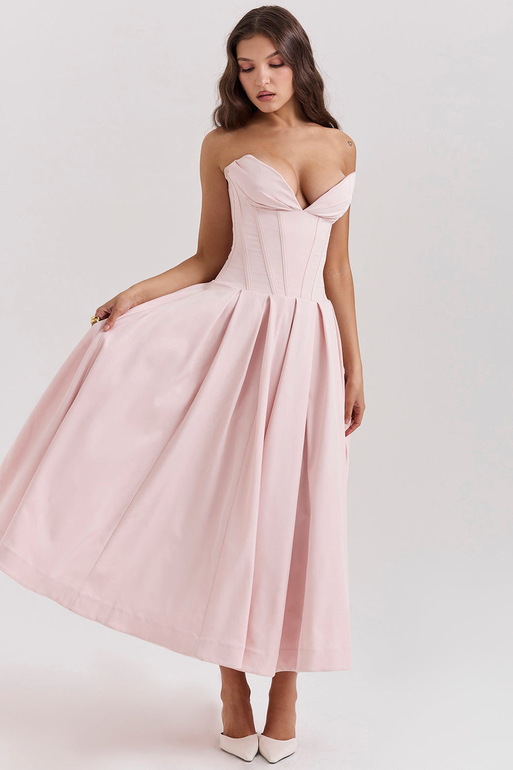 Women’s Strapless Midi Dress – Structured Corset Bodice – A-Line Silhouette – Formal Fit
