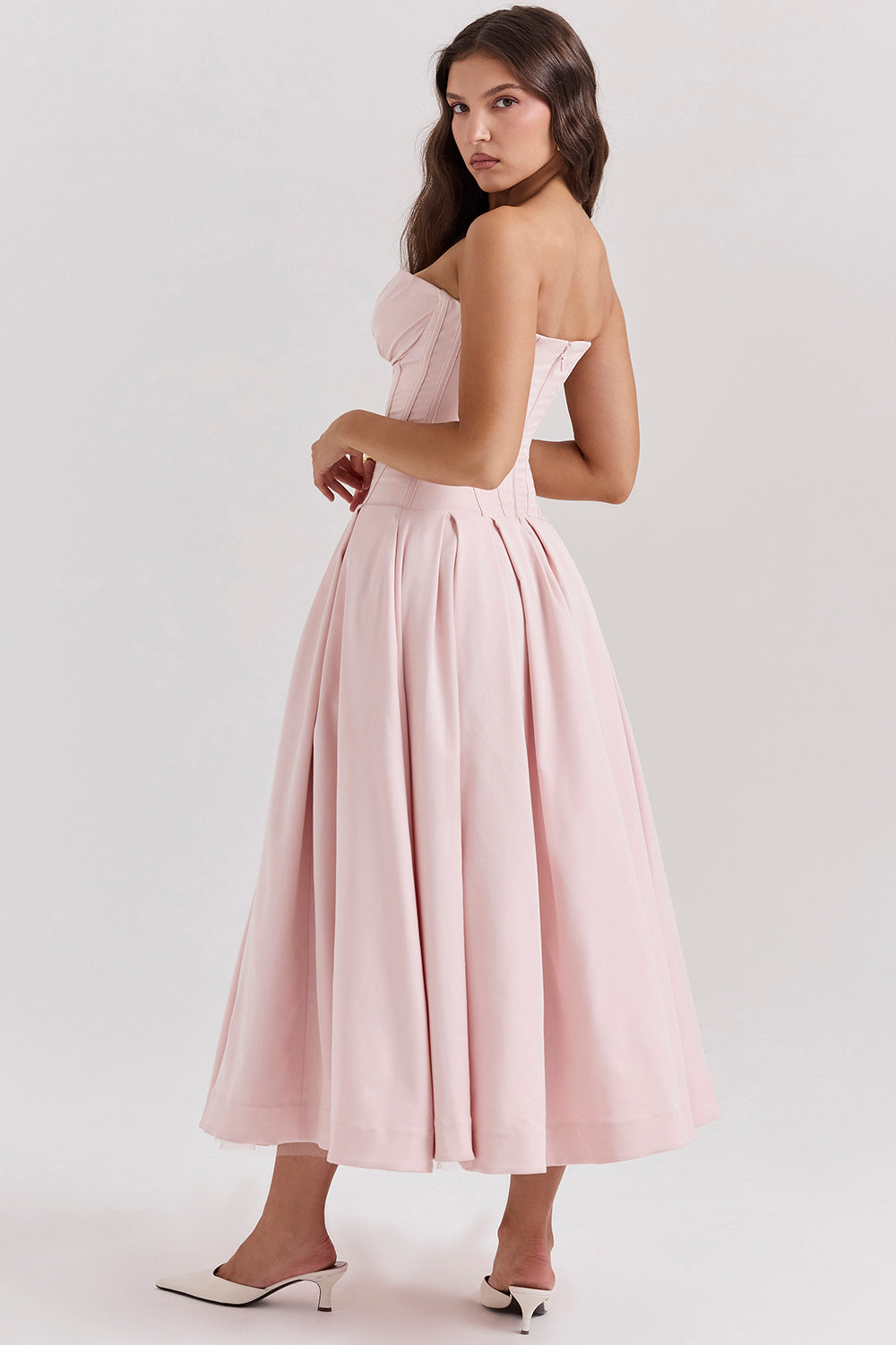 Women’s Strapless Midi Dress – Structured Corset Bodice – A-Line Silhouette – Formal Fit