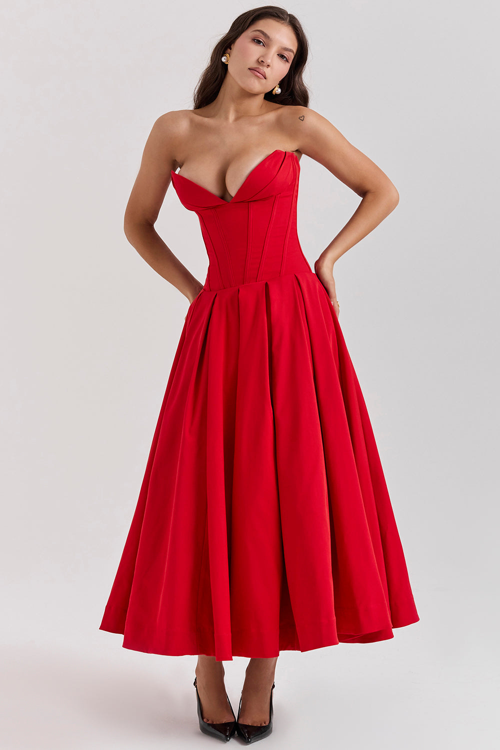 Women’s Strapless Midi Dress – Structured Corset Bodice – A-Line Silhouette – Formal Fit