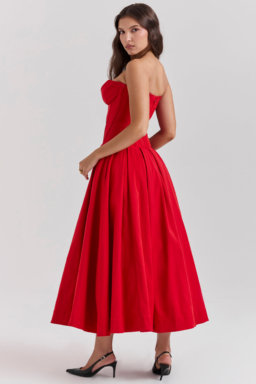 Women’s Strapless Midi Dress – Structured Corset Bodice – A-Line Silhouette – Formal Fit
