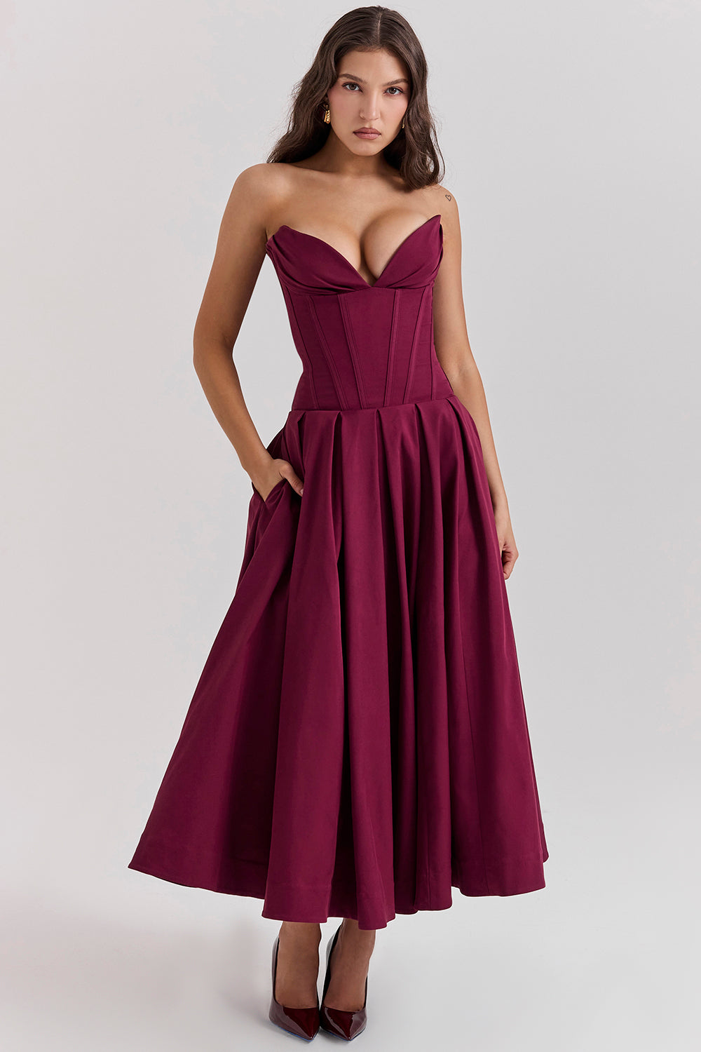 Women’s Strapless Midi Dress – Structured Corset Bodice – A-Line Silhouette – Formal Fit