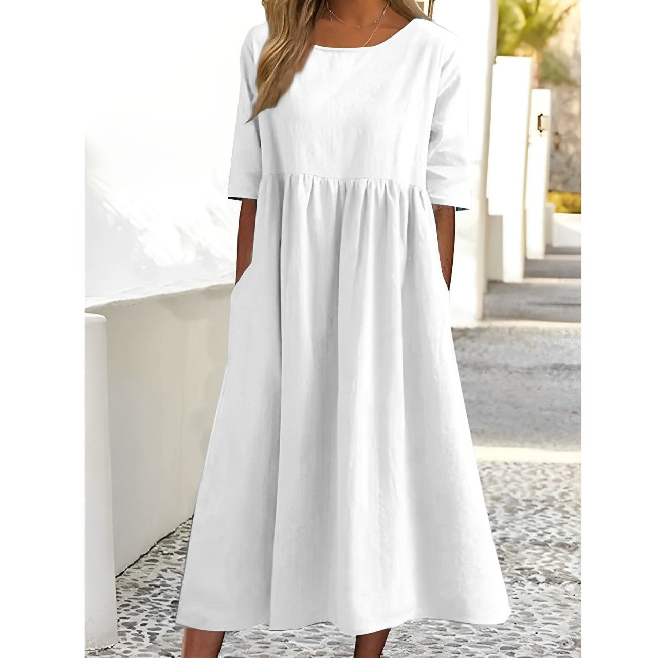 Women's Midi Dress - Cotton Linen Blend - A-Line Relaxed Fit - Short Sleeve with Pockets