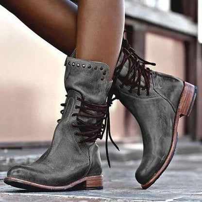 Women’s Leather Boots – Mid-Calf – Lace-Up Front – Metal Studs – Stitched Detailing