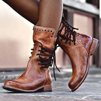 Women’s Leather Boots – Mid-Calf – Lace-Up Front – Metal Studs – Stitched Detailing