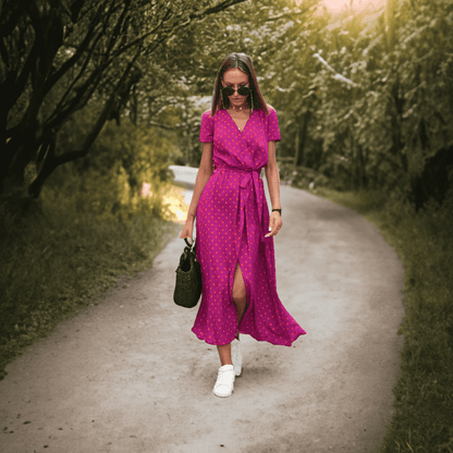 Women's Wrap Dress - V-Neck - Short Sleeve - Tie Waist - Asymmetrical Hem - Floral Print