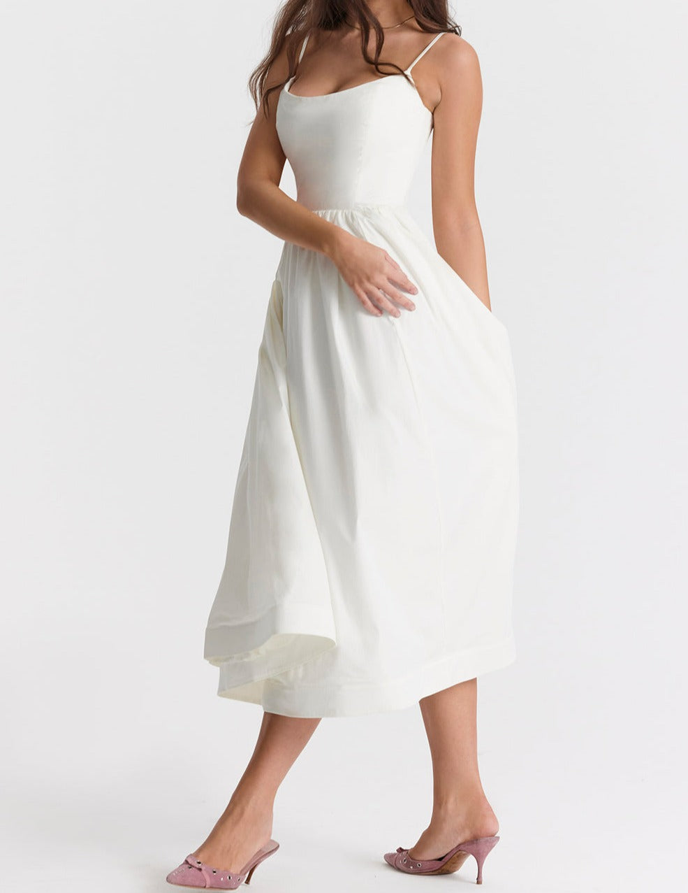Women's Midi Dress - Spaghetti Straps - Fitted Bodice - Flowy A-Line Silhouette
