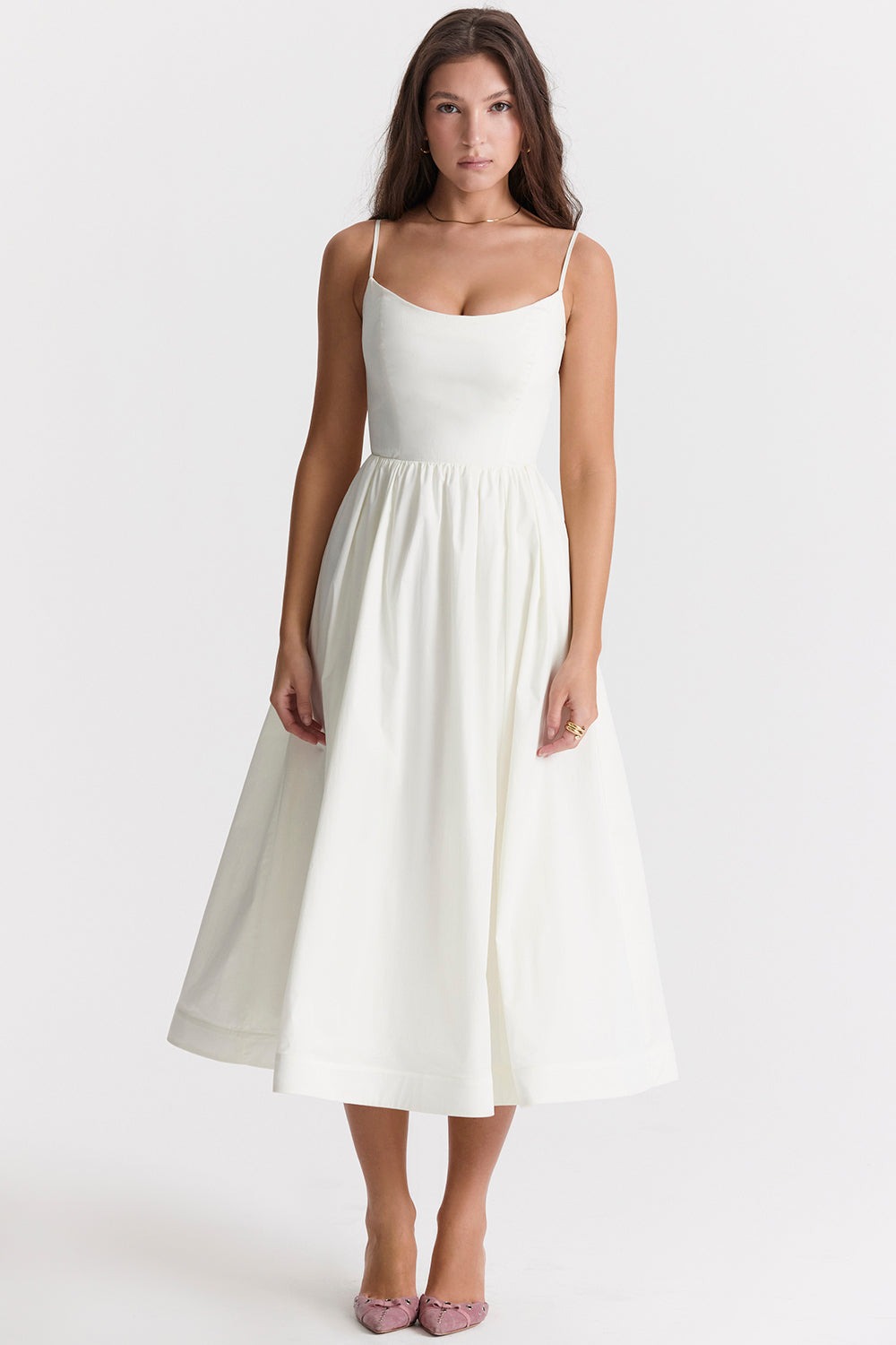 Women's Midi Dress - Spaghetti Straps - Fitted Bodice - Flowy A-Line Silhouette