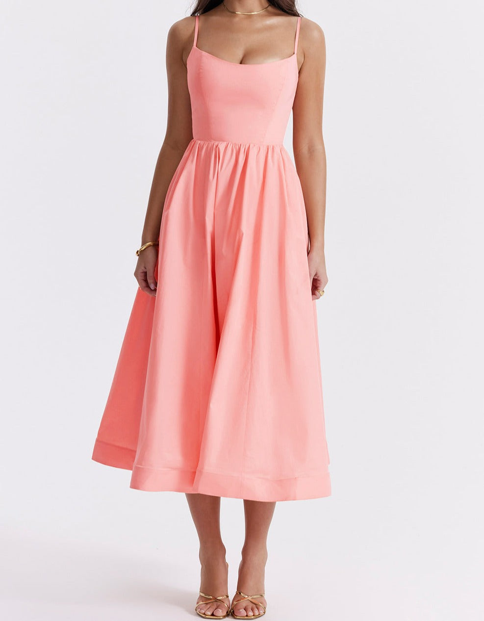 Women's Midi Dress - Spaghetti Straps - Fitted Bodice - Flowy A-Line Silhouette
