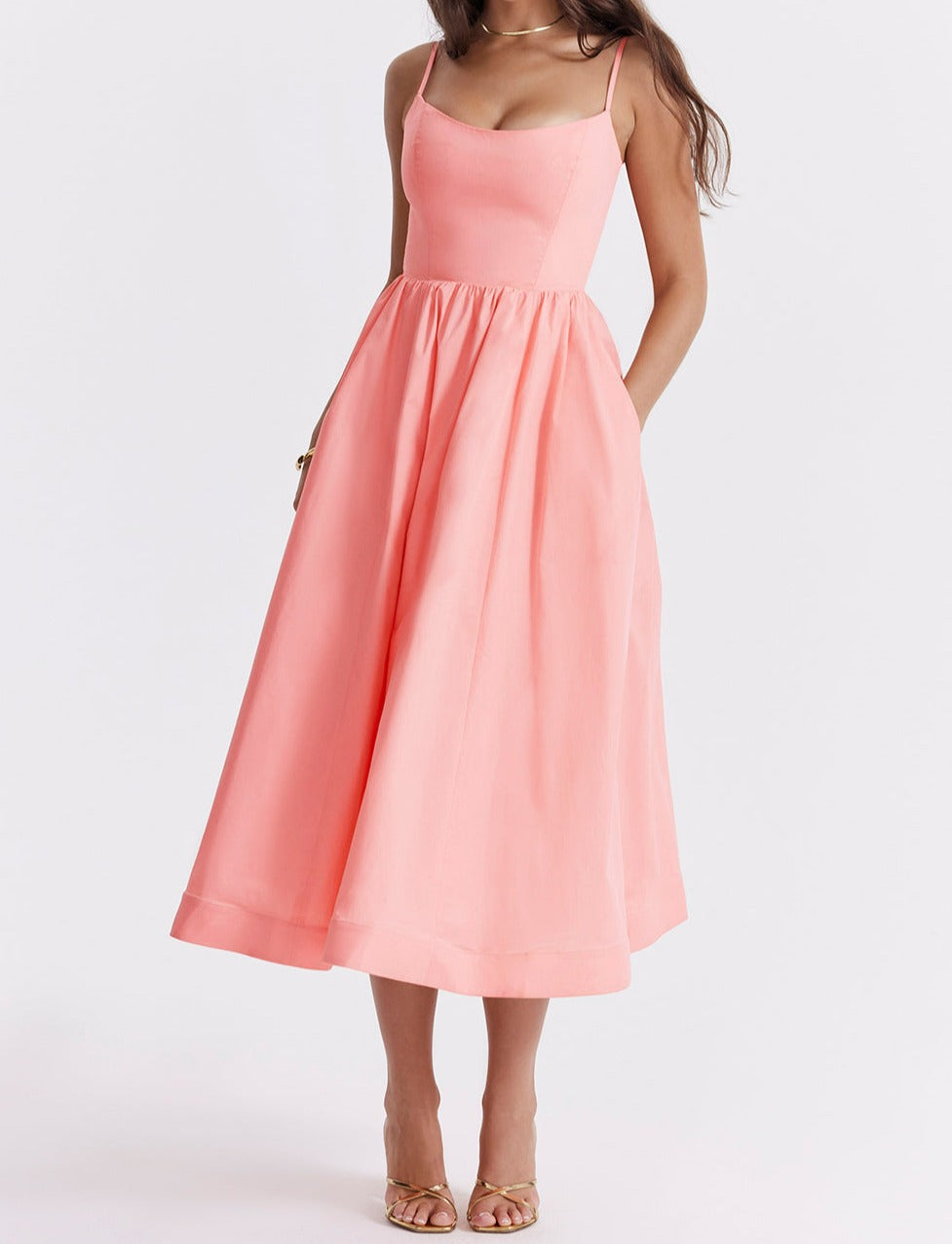 Women's Midi Dress - Spaghetti Straps - Fitted Bodice - Flowy A-Line Silhouette