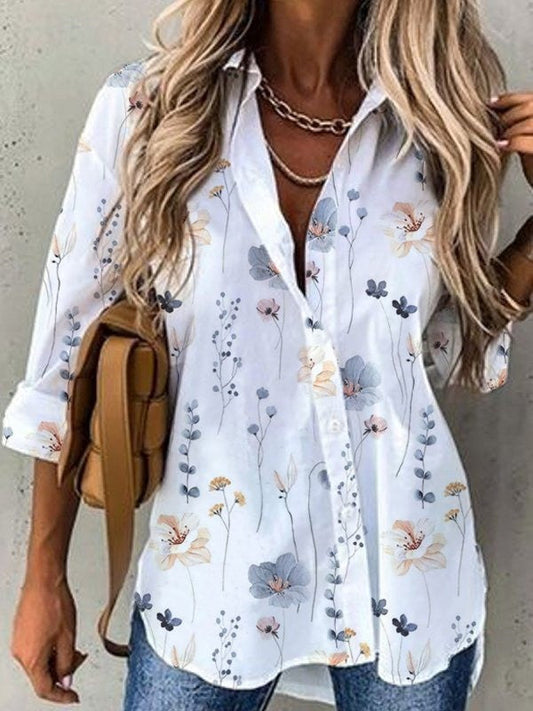 Women’s Blouse – Loose Fit – Floral Print – Button Down – Breathable Cotton – Hip Length