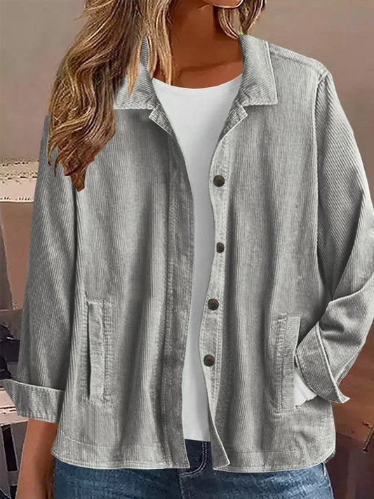 Women’s Casual Jacket – Loose Fit – Soft Ribbed Texture – Button Front – Shirt Collar